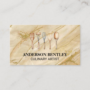 Küche Utensils   Hintergrund aus goldenem Marmor Visitenkarte