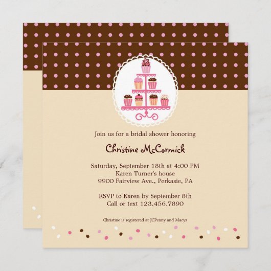 Kuchen auf einem Ständer (Braun/Creme) Einladung (Vorne/Hinten)