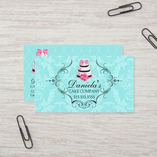 Kuchen-Bäckerei-Damast-Aqua-Rosa Visitenkarte (Vorderseite/Rückseite Beispiel)