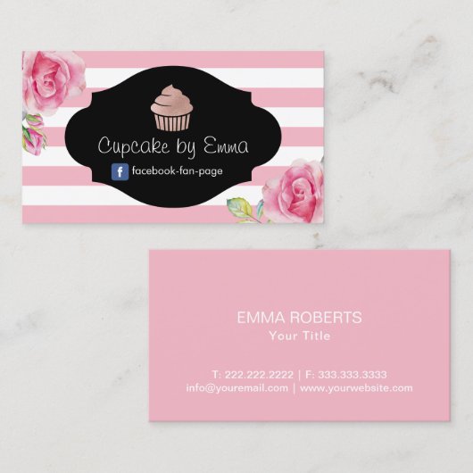 Kuchen-Bäckerei-moderne rosa Streifen-süßes Blumen Visitenkarte (Vorne/Hinten)