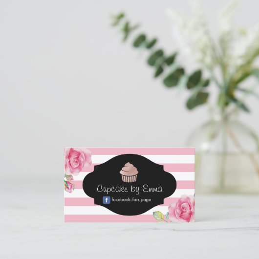 Kuchen-Bäckerei-moderne rosa Streifen-süßes Blumen Visitenkarte (Stehend Vorderseite)