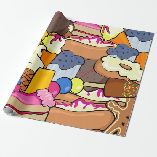 Kuchen Eiscreme Donuts und Schweiß aller Art auf Geschenkpapier (Ungerollt)
