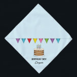 Kuchen mit farbenfrohen Banner auf Blue Birthday B Halstuch<br><div class="desc">Desteis originelle Cartoon-Illustration eines braunen Geburtstagskuchens mit vier Kerzen darauf und einem farbenfrohen Banner über dem Kuchen. Die Hintergrundfarbe ist hellblau. Ein personalisierbarer Textbereich lautet: "Birthday Boy",  während auf einem anderen Platz für einen Namen vorhanden ist.</div>