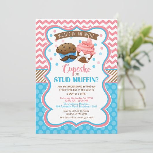 Kuchen-oder Bolzen-Muffin-Geschlecht decken Einladung (Stehend Vorderseite)