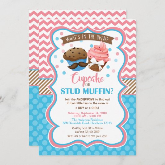Kuchen-oder Bolzen-Muffin-Geschlecht decken Einladung (Vorne/Hinten)