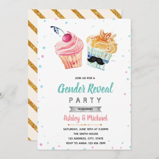 Kuchen- oder Bolzenmuffingeschlecht decken Einladung (Vorne/Hinten)