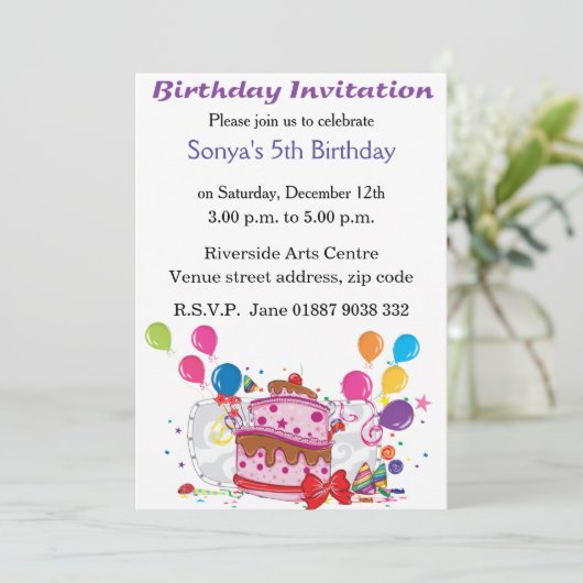 Kuchen und Balloons zum Geburtstag Einladung (Stehend Vorderseite)