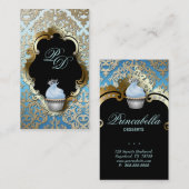 Kuchen-Visitenkarte-elegantes Damast-Blau-Gold Visitenkarte (Vorne/Hinten)