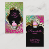 Kuchen-Visitenkarte-elegantes Damast-Rosa-Grün Visitenkarte (Vorne/Hinten)