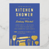 Küchenartikel Brautparty Blue Gold Folieneinladung (Vorderseite)