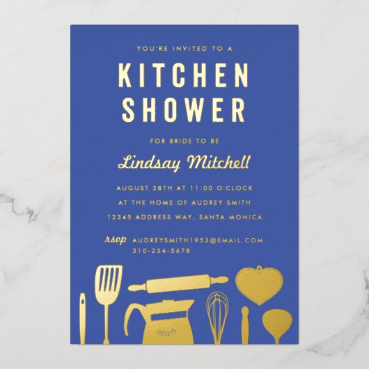 Küchenartikel Brautparty Blue Gold Folieneinladung (Vorderseite)