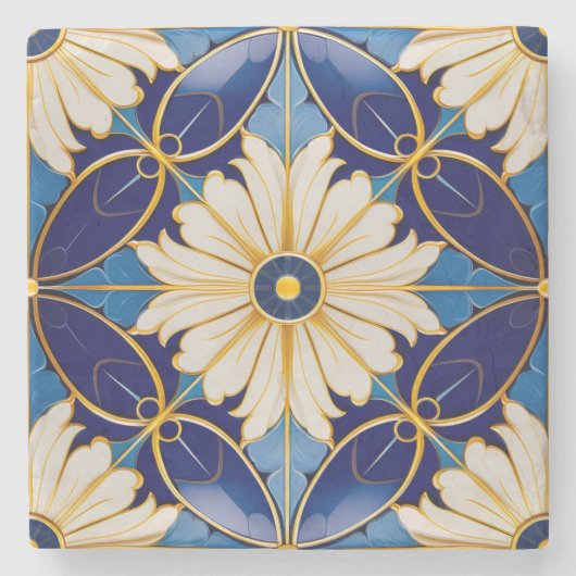 Küchenchef Barware Art Deco Gold Blauer Flora Steinuntersetzer (Vorderseite)