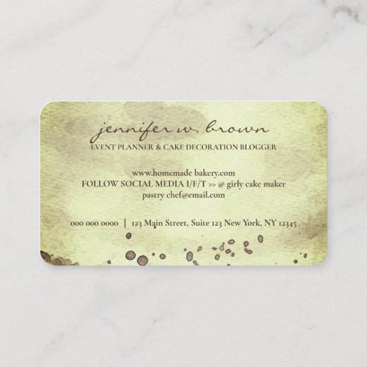 Kuchendekor Einfache Konditorei gelb Visitenkarte (Rückseite)