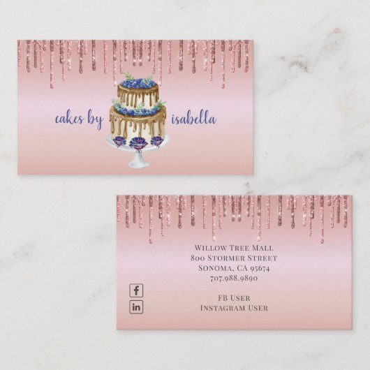 Kuchengebäck Konditorei Koch Glitzer Tropfen Rose Visitenkarte (Vorne/Hinten)