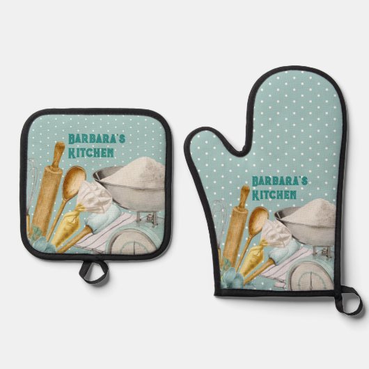 Küchengeräte Backhilfsmittel Blue Polka Dots Ofenhandschuh & Topflappen-Set (Vorderseite)