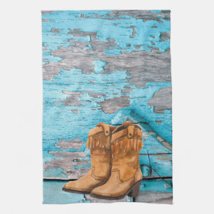 Küchenhandtuch Blau Holz Scheunentor Stiefel Land Geschirrtuch