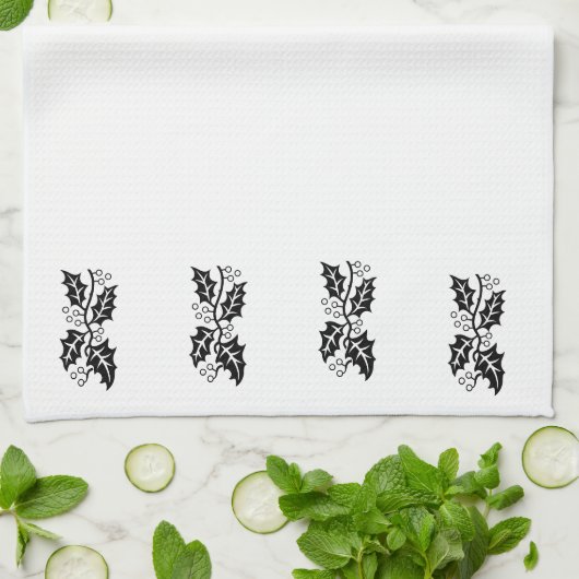 Küchenhandtuch - Holly-Blätter in Schwarz und Weiß Geschirrtuch (Gefaltet)
