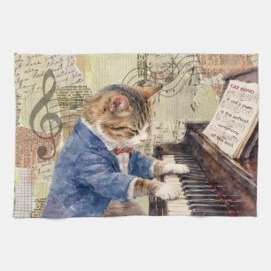 Küchenhandtuch mit Mixed-Media-Katze, die Klavier Geschirrtuch