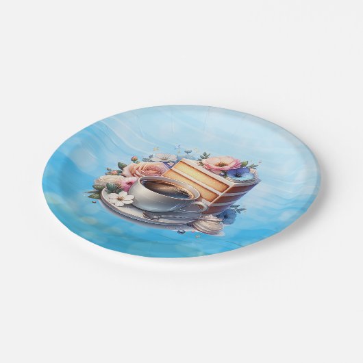 Kuchenstück, Kaffeebecher und Blume Pappteller (Schrägansicht)