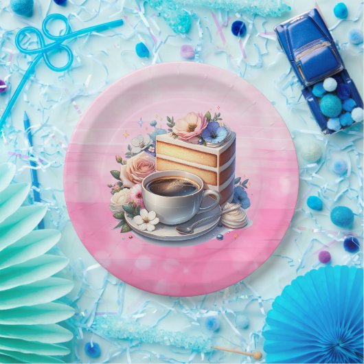 Kuchenstück, Kaffeebecher und Blume Pappteller (Party)