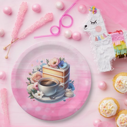 Kuchenstück, Kaffeebecher und Blume Pappteller (Party)