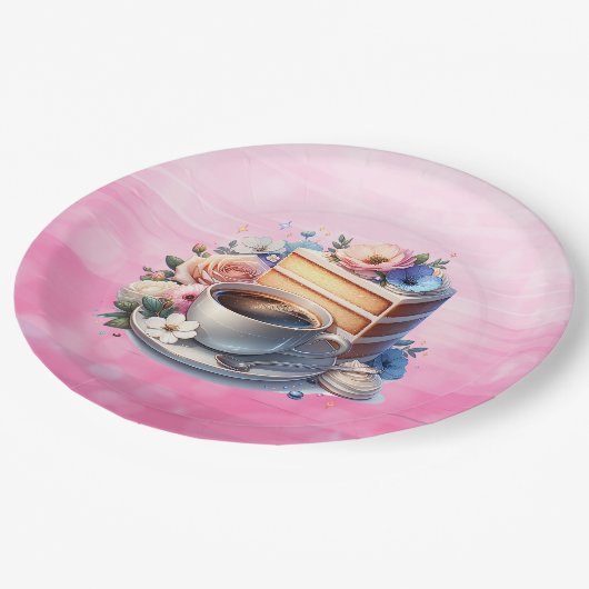 Kuchenstück, Kaffeebecher und Blume Pappteller (Schrägansicht)