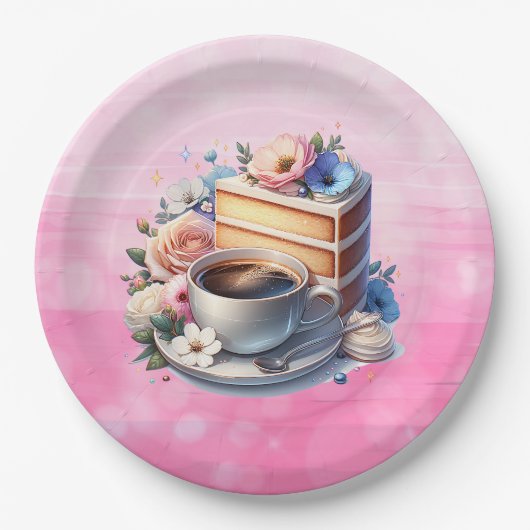 Kuchenstück, Kaffeebecher und Blume Pappteller (Vorderseite)