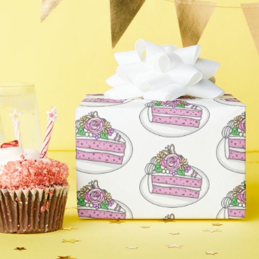 Kuchenstück mit Blume und Schmetterlingen Geschenkpapier (Geburtstagsparty)