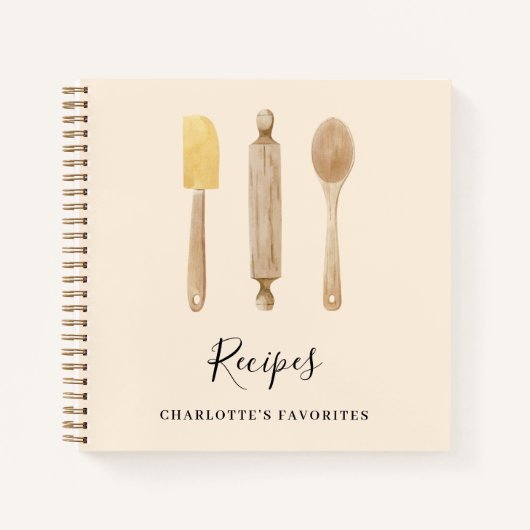 Küchenutensilien aus Holz Beige Kochbuch Notizblock (Vorderseite)