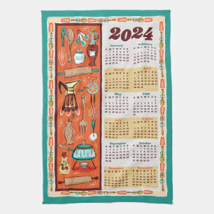 Küchenutensilien-Kalender-Handtuch im Mid-Century- Geschirrtuch