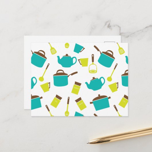 Küchenutensilien, Kochgeschirr, Geschirr, Küchenge Postkarte (Vorderseite/Rückseite Beispiel)