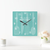 Küchenwanduhr mit Kochutensilien Quadratische Wanduhr (Zuhause)