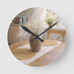 Küchenwanduhr Neutraler Landhausstil Baby's Breath Runde Wanduhr