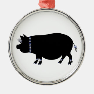 Kugelbauch-Schwein-Mädchen im Blau Silbernes Ornament