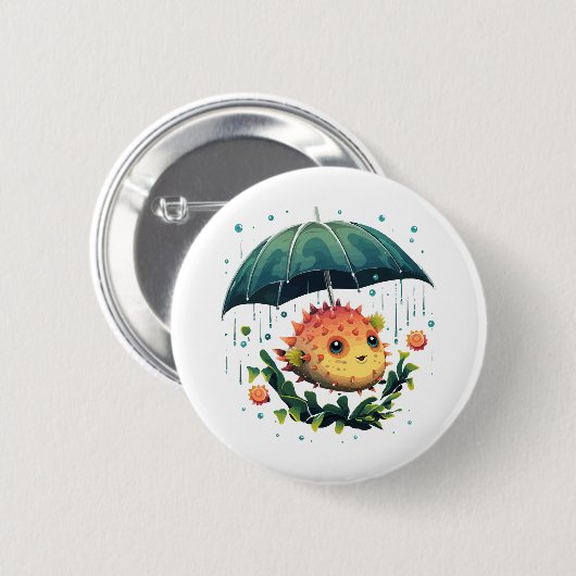 Kugelfisch Regentag mit Regenschirm Button (Vorne & Hinten)
