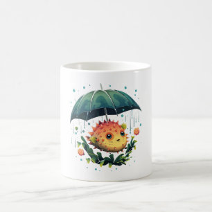 Kugelfisch Regentag mit Regenschirm Kaffeetasse