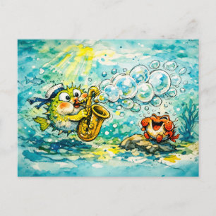 Kugelfisch spielt Saxophon Cartoon Postkarte
