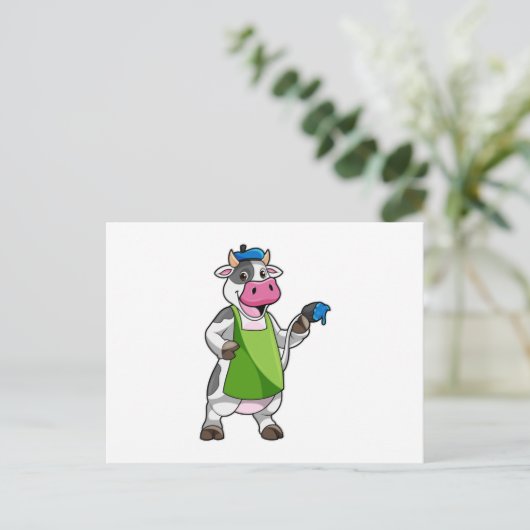 Kuh als Maler mit Farbe und Schürze Postkarte (Stehend Vorderseite)