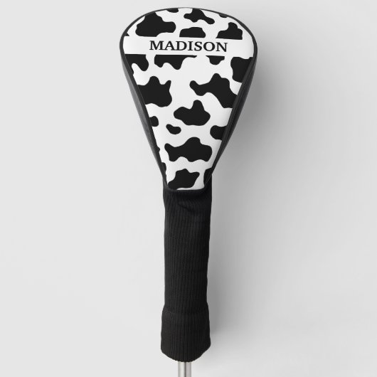 Kuh Animal Print Gepunktet Schwarz/Weiß Name Golf Headcover (Vorderseite)