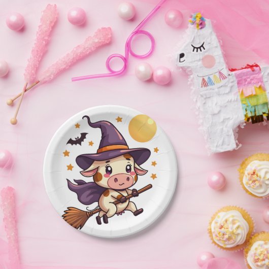 Kuh auf einem Broomstick Pappteller (Party)