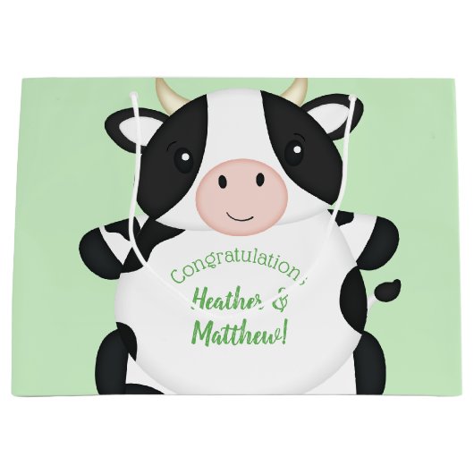Kuh Baby Dusche Grün Große Geschenktüte (Vorderseite)
