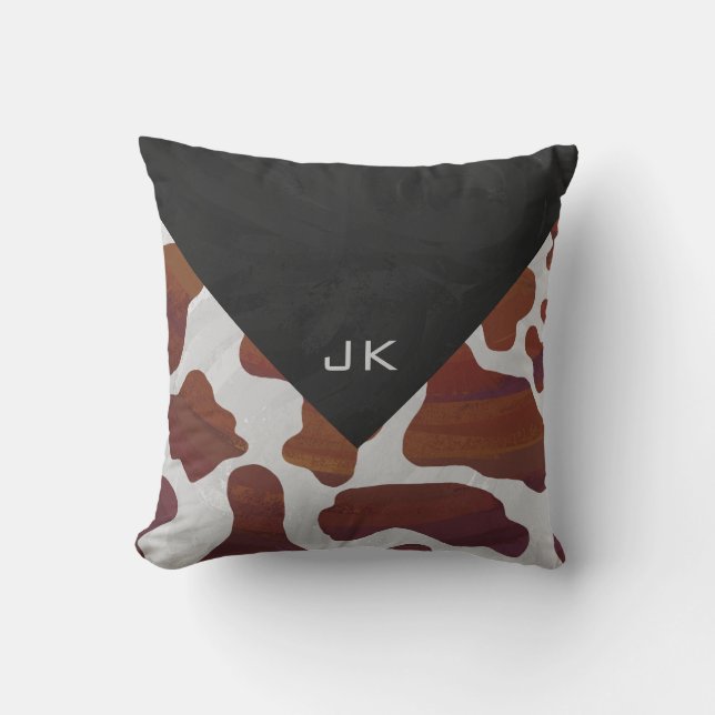 Kuh Braun-Weißes Monogramm Kissen (Vorderseite)