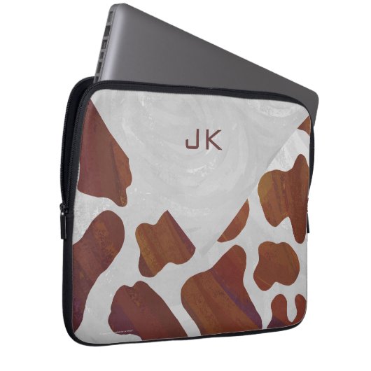 Kuh Braun-Weißes Monogramm Laptopschutzhülle (Vorne Rechts)