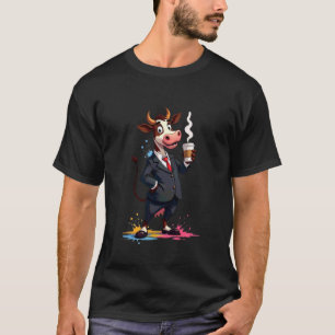 Kuh Charakter im Anzug mit Kaffeetasse Illustratio T-Shirt