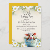 Kuh Daisy Covered Tea Cup 80. Geburtstag Einladung (Vorne/Hinten)
