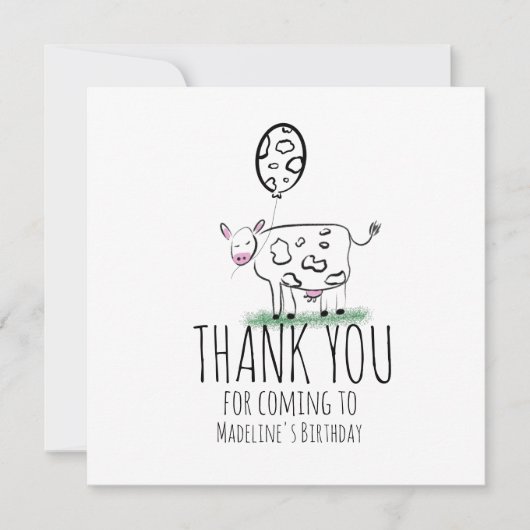 Kuh Doodle Farm Animal Birthday Party Danke (Vorderseite)