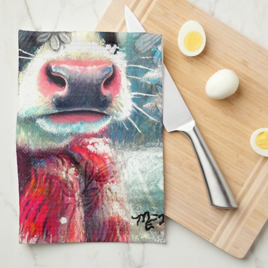 Kuh Dreaming der wärmeren Zeiten Aquamarin Rote Fl Geschirrtuch (Viertel Falte)