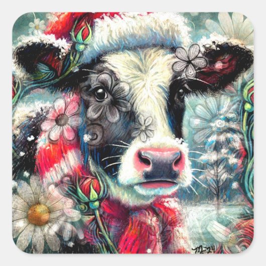 Kuh Dreaming der wärmeren Zeiten Aquamarin Rote Fl Quadratischer Aufkleber (Vorderseite)