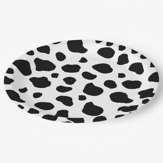 Kuh-Druck, Kuhmuster, Kuh-Spots, schwarz-weiß Pappteller (Schrägansicht)