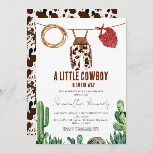 Kuh drucken Rustikale kleine Cowboy Babydusche Einladung (Vorne/Hinten)